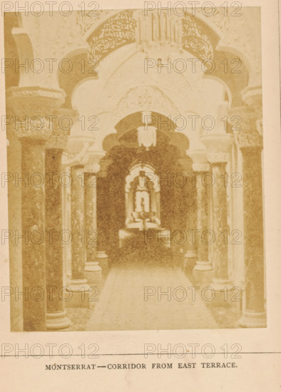 Montserrat-Cooridor from east terrace, View of colonnade of the Palácio de Monserrate near Sintra, photograph, page, Portugal, c. 1860 - in or before 1870, photographer, paper, albumen print, height 113 mm x width 91 mm, palace, corridor, terrace, Palácio de Monserrate, A sepia-toned photograph showing a long arched corridor lined with columns on both sides, ornate scalloped arches and carved decorative patterns above, hanging light fixtures suspended from the ceiling, a central walkway leading to a framed alcove or niche at the far end, and a series of repeating archways creating a sense of depth.