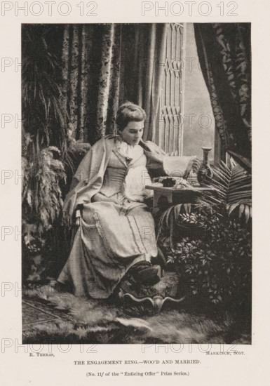 Portrait of an unknown woman at a window, The Engagement Ring. - Woo'd and Married, page, photomechanical print, inscription: '(No. 11f of the 'Enticing Offer' Prize Series.)', photographer: R. Terras, cliché maker: Harry Clary Jones, c. 1887 - in or before 1892-09-17, R. Terras, Harry Clary Jones, photographer, cliché maker, paper, autotypie, height 157 mm x width 112 mm, Print fifteen of fifteen prints between page viii and page 545., historical persons not known by name - BB - woman, sitting figure, window-seat, A monochrome image of a seated woman wearing a long dress and a shawl, looking down toward her lap while holding a small object, surrounded by draped curtains and potted plants, with a table nearby that holds a vase and other small items, and a patterned rug and fur on the floor beneath her.