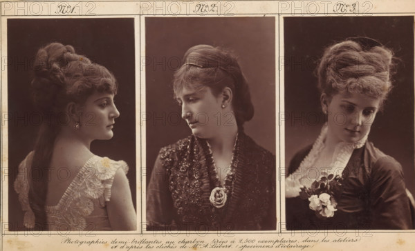 Lighting study, depicting a portrait of an unknown woman, photograph, page, number: 'No. 3.', inscription: 'Photographies demi-brillantes au charbon, tirées à 2, 500 copies, dans les workshops, et d'après les clichés de Mr. A. Liebert. (specimens d'éclairage)', photographer: Alphonse-Justin Liébert, c. 1873 - in or before 1878, Alphonse-Justin Liébert, photographer, paper, carbon print, height 104 mm x width 63 mm, historical persons not known by name - BB - woman, Three vertically framed sepia portraits of women arranged side by side within a bordered sheet, each woman shown from the shoulders up against a dark background. The left portrait shows a woman in profile facing right with an elaborate updo and long hair falling down her back, wearing a sleeveless dress with wide lace straps and a decorative earring; her exposed shoulder and upper back are visible. The center portrait shows a woman in three-quarter view looking down and to her left, hair swept back and held by a band, wearin...