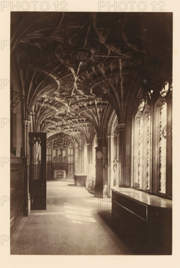 Hall in Palace of Westminster, photograph, page, photographer: John Harrington, London, c. 1864 - in or before 1869, paper, albumen print, height 166 mm x width 110 mm, corridor, Houses of Parliament, A long vaulted hall with an ornate fan-vaulted ceiling and decorative bosses runs toward a distant carved archway and fireplace, tall narrow leaded windows line the right side casting light across the floor, slender clustered stone columns rise into the vaulting, wooden paneling and carved screens appear along the left, a freestanding tall clock case and a low wooden bench or counter sit along the right, and patterned shadows and highlights fall across the stone floor.