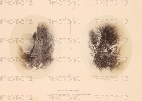 View of Ragatz and the Tamina Gorge, Gorge of the Tamina, photograph, page, inscription: 'I. Ragatz and the 'Falkniss'', photographer: Stephen Thompson, Tamina, c. 1863 - in or before 1868, paper, albumen print, height 120 mm x width 95 mm, river, ravine, chasm, abyss, canyon (landscape with figures, staffage), A pale sepia background with two faded oval photographs side by side separated by a thin decorative vertical line, the left oval showing a rocky gorge with a steep cliff face, trees along the cliff edge, a stony riverbed in the foreground and a small wooden bridge spanning the stream, the right oval depicting a narrow road carved into a sheer rock face with a steep drop below and rock textures dominating the scene, both ovals exhibiting soft vignette edges and aged discoloration on the surrounding paper.