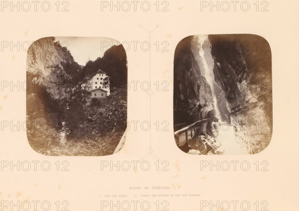 Baths of Pfeffers, View of the thermal baths of Pfeffers, photograph, page, inscription: 'I. The old baths', photographer: Stephen Thompson, Tamina, c. 1863 - in or before 1868, paper, albumen print, height 120 mm x width 83 mm, river, watering-place, spa, ravine, chasm, abyss, canyon (landscape with figures, staffage), A pale, aged paper sheet holds two rounded-rectangle sepia photographs side by side with a thin decorative vertical flourish between them; the left photograph shows a multi-story building with pitched roofs nestled against steep rocky cliffs and surrounded by dense foliage and a narrow rocky stream in the foreground, while the right photograph shows a narrow gorge with tall, textured rock walls and a winding path with a wooden railing leading toward a bright vertical shaft of water cascading between the rocks.