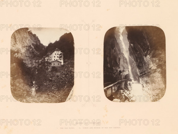 View of the gorge and the source of the thermal baths of Pfeffers, Baths of Pfeffers, photograph, page, inscription: 'II. Gorge and source of the hot springs', photographer: Stephen Thompson, Tamina, c. 1863 - in or before 1868, paper, albumen print, height 120 mm x width 83 mm, river, watering-place, spa, ravine, chasm, abyss, canyon (landscape with figures, staffage), A sepia-toned image with two rounded rectangular photographs side by side on a pale background, the left photograph showing a multi-story light-colored building nestled at the base of steep rocky cliffs with trees and vegetation surrounding it and a narrow stream or rocky path in the foreground, the right photograph depicting a narrow gorge with sheer rock walls, a wooden railing and pathway along one side, and a bright vertical area of water or mist cascading between the rock faces.