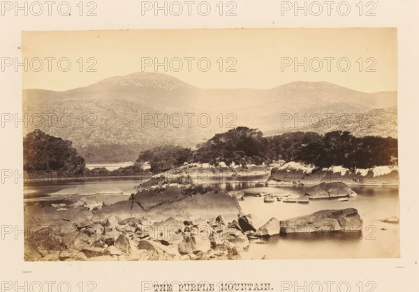 View of Purple Mountain, The Purple Mountain, photograph, page, photographer: John Hudson, Killarney, c. 1862 - in or before 1867, paper, albumen print, height 108 mm x width 178 mm, landscapes with waters, waterscapes, seascapes (in the temperate zone), mountains, Kerry, A sepia-toned landscape photograph showing a rocky shoreline leading into a calm body of water with smooth reflections, small outcroppings and scattered boulders in the foreground, clustered trees and low bushes along the water’s edge, and gently sloping hills rising into larger rounded mountains in the background under a pale sky.