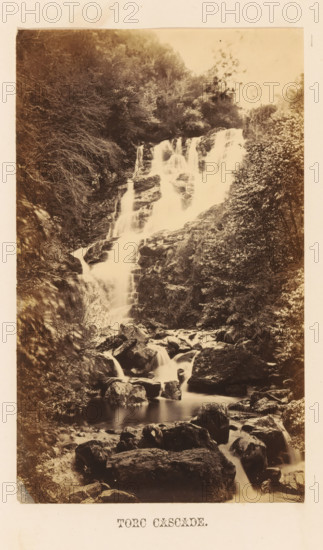Torc Cascade, View of the Torc Waterfall, photograph, page, photographer: John Hudson, Killarney, c. 1862 - in or before 1867, paper, albumen print, height 173 mm x width 108 mm, waterfall, Kerry, A sepia-toned photograph showing a multi-tiered waterfall cascading down a rocky, forested slope into a stream flowing over large boulders, with dense trees and foliage on either side and smooth, blurred water indicating motion.