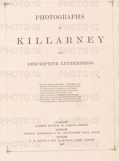 Photographs of Killarney with descriptive letterpress, book, annotation: 'SEPT, 1991', publisher: Andrew Duthie, Glasgow, publisher: Simpkin, Marshall, and Company, London, publisher: WH Smith & Son, Dublin, c. 1867, Leinster, pasteboard, paper, textile materials, printing, albumen print, color on cut, height 278 mm x width 215 mm x thickness 17 mm, A cream-colored page with a thin decorative border and small floral corner ornaments, featuring large spaced dark serif characters centered near the top, smaller centered dark serif lines below, a short centered stanza of narrow dark serif lines in the upper middle, and additional centered dark serif lines lower on the page, with subtle paper texture and a small brown spot near the right center.