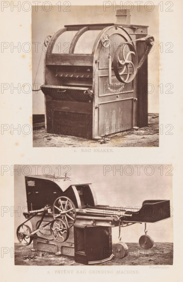 View of a rag grinding machine, 2. Patent Rag Grinding Machine, page, photomechanical print, photographer: Appleton & Co., cliché maker: Woodbury Permanent Photographic Printing Company, Bradford (England), c. 1871 - in or before 1876, paper, Woodburytype, Woodburytypepie, height 73 mm x width 115 mm, machine driven by human or animal power, A sepia-toned photograph shows two large industrial machines arranged vertically on a single sheet. The top machine is a boxy apparatus with a curved upper frame, a slotted front opening with a perforated tray, and a large side wheel connected to a belt and pulley system; the surface shows worn metal and wood textures and traces of dirt on the floor beneath. The bottom image depicts a more elongated machine with multiple large spoked wheels and gears, a flat extended tray or chute, suspended circular weights, and a rectangular enclosed section at the front; the metal parts show patina and the ground beneath both machines is uneven and slightly dirt...