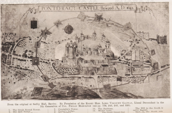 Reproduction of a map of Pontefract during the Siege of Pontefract, reproduction, page, photomechanical print, inscription: 'From the original at Serby Hall, Bawtry. By Permission of the Right Hon. Lord Viscount Galway, Lineal Descendant in the, 7th Generation of Col. PHILIP MONCKTON (see pp. 179, 243, 245, and 320)., ', cliché maker: Autotype Company, The (possibly), after print by anonymous, c. 1882 - in or before 1887, photographer, after print by, paper, collotype, photoprint, height 106 mm x width 186 mm, Print on sixth unnumbered page after page 412., siege, maps of cities, Siege of Pontefract, Pontefract, An aged monochrome bird’s-eye drawing shows a fortified castle with concentric walls and multiple towers, surrounded by a ring of angular bastions connected by a zigzag outer earthwork, with a surrounding town of houses, streets, orchards, and scattered trees. The central castle complex contains clustered towers and battlements, gateways, arched bridges, and inner courtyards, w...
