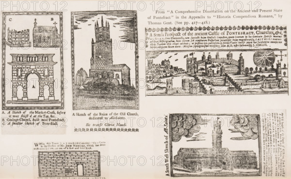 Reproduction of five drawings of buildings in Pontefract, reproduction, page, photomechanical print, inscription: 'From 'A Comprehensive Dissertation on the Ancient and Present State, of Ponterfact' in the Appendix to 'Historia Compendiosa Romana, ' by, Thomas Gent. (See pp. 417-418.)', cliché maker: Autotype Company, The (possibly), after drawing by anonymous, c. 1882 - in or before 1887, photographer, clichémaker, paper, collotype, light pressure, height 210 mm x width 120 mm, drawing, sketch, civic architecture, edifices, dwellings, Pontefract, A sepia-toned page showing several framed engraved illustrations, including a tall church tower with arched windows and surrounding lower roofed structures set above a textured ground, a small scene of a fortified town with clustered buildings and walls and a stylized sun with rays, a detailed archway with heavy stone blocks and decorative cornice, and partial views of other architectural sketches with brickwork and cloud motifs, all enclosed...