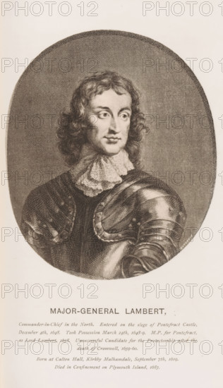 Reproduction of a print of a portrait of John Lambert by Jacob Houbraken, Major-General Lambert, reproduction, page, photomechanical print, inscription: 'Commander-in-Chief in the North. Entered on the siege of Pontefract Castle, December 4th, 1648. Took Possession March 24th, 1648-9. MP for Pontefract, as Lord Lambert, 1658. Unsuccessful Candidate for the Protectorship after the, death of Cromwell, 1659-60., Born at Calton Hall, Krikby Malhamdale, September 7th, 1619., Died in Confinement on Plymouth Island, 1683.', Pontefract, cliché maker: Autotype Company, The, after print by Jacob Houbraken, after painting by Walker, c. 1882 - in or before 1887, Jacob Houbraken, photographer, after print by, paper, collotype, photoprint, height 122 mm x width 105 mm, Person, John Lambert, historical persons, A sepia-toned engraved portrait of a man shown from the chest up within an oval frame, featuring wavy shoulder-length hair and arched eyebrows, a ruffled collar at his neck, and a reflective m...