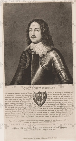 Reproduction of a print of a portrait of John Morris, reproduction, page, photomechanical print, inscription: 'Son & Heir, No 58, Cornhill.', Pontefract, cliché maker: Autotype Company, The (possibly), after print by anonymous, c. 1882 - in or before 1887, photographer, clichémaker, after print by, paper, collotype, photoprint, height 112 mm x width 93 mm, Person, John Morris (1617-1649), historical persons, A sepia-toned engraved portrait of a man shown from the waist up wearing period armor and a lace collar, with shoulder-length wavy hair, a thin mustache, and a neutral expression, set against a textured dark background, with a decorative shield emblem and dense printed text visible below the portrait.