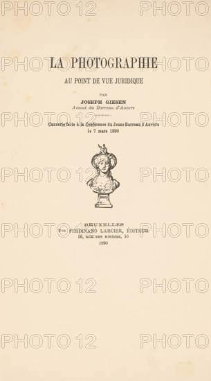 La photographie au point de vue juridique, book, annotation: 'NOV, 2000', 1890, paper, printing, height 252 mm x width 165 mm x thickness 7 mm, A vertical cream-colored page with an ornate title area near the top featuring bold dark lettering, a line of smaller dark lettering beneath it, and centered decorative printed text and ornamental marks leading down to an illustrated bust of a classical figure on a pedestal rendered in black ink, with additional lines of dark printed text below the illustration and light spotting and aging marks scattered across the paper.