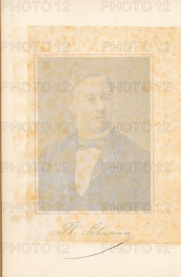 Manifestation en l'honneur de M. le professeur Th. Schwann : Liége, 23 juin 1878, book, annotation: 'APR, 2002', printer (person): L. Schwann, Düsseldorf, 1879, L. Schwann, printer (person), North Rhine-Westphalia, pasteboard, paper, textile materials, printing, albumen print, albumendruk, height 250 mm x width 162 mm x thickness 24 mm, A faded sepia-toned portrait photograph of a man mounted on aged paper with foxing spots across the surface; the man is shown from the chest up wearing a dark jacket, a light vest, and a bow tie, with short hair and a neutral expression, and a thin decorative border surrounds the photograph.
