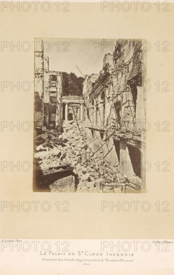 View of the remains of the grand rooms and grand staircase in the Château de Saint-Cloud after the fire caused by the Paris Commune, Le Palais de St. Cloud Incendié. Intérieur des Grands Appartements & de l'Escalier d'Honneur, photograph, page, number: '(No. 61)', address: '31, Rue St. Lazare', photographer: Alphonse-Justin Liébert, Saint-Cloud, 1871 - 1872, paper, albumen print, height 136 mm x width 99 mm, stairwell, ruin of a building, architecture, castle, Paris Commune (1871), Château de Saint-Cloud, A sepia-toned photograph shows a ruined interior of a large stone building with collapsed floors and piles of rubble filling the ground level, exposed masonry and broken arches along one side, tall fractured walls with empty window openings and jagged edges, scattered beams and twisted metal rods leaning and entangled across the scene, distant remains of columns and an archway partially visible toward the back, irregular stones and debris strewn across the foreground, and a pale blank...