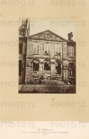 View of Baron de Ladoucette's villa in Drancy after the destruction by the Paris Commune, Le Drancy. Façade extérieure du Château du Baron de Ladoucette, photograph, page, address: '31, Rue St. Lazare', number: '(No. 86)', photographer: Alphonse-Justin Liébert, Drancy, 1871 - 1872, Alphonse-Justin Liébert, photographer, paper, albumen print, albumendruk, height 131 mm x width 99 mm, villa, ruin of a building, architecture, Paris Commune (1871), A sepia-toned photograph of a stone building with a decorative triangular pediment atop its facade, showing ornate sculpted details and a row of three arched windows on the upper level with shutters, and three larger arched openings on the ground level with visible damage and rubble in front; flanking sections of the building show vertical stonework and additional windows, one side with a broken chimney structure, and a lamp post near the right entrance, all centered on a plain light background with a narrow border around the image.