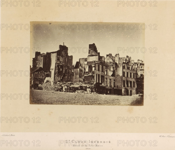 St. Cloud Incendié. Hôtel de la Tête Noire, View of the Hôtel de la Tête Noire in Saint-Cloud after the fire by the Paris Commune, photograph, page, number: '(No. 55)', address: '31, Rue St. Lazare', photographer: Alphonse-Justin Liébert, Saint-Cloud, 1871 - 1872, paper, albumen print, height 98 mm x width 135 mm, ruin of a building, architecture, civic architecture, edifices, dwellings, Paris Commune (1871), A sepia-toned photograph centered on a wide scene of damaged multi-story buildings with exposed interiors and broken façades, rubble piled along the ground in front, collapsed roofs and crumbling walls, a cobblestone street in the foreground, scattered architectural debris and makeshift coverings among the ruins, remnants of storefronts and window openings, chimneys and partial upper walls silhouetted against a speckled sky, all mounted on a large pale mat with a blank margin surrounding the image.