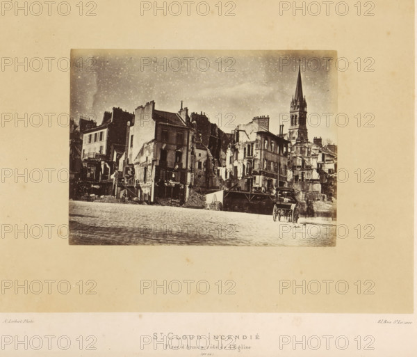 St. Cloud Incendié. Place d'Armes, côté de l'Eglise, View of the Place d'Armes in Saint-Cloud after the fire by the Paris Commune, photograph, page, number: '(No. 56)', address: '31, Rue St. Lazare', photographer: Alphonse-Justin Liébert, Saint-Cloud, 1871 - 1872, Alphonse-Justin Liébert, photographer, paper, albumen print, height 98 mm x width 133 mm, square, circus, ruin of a building, architecture, Paris Commune (1871), A sepia-toned photograph shows a row of damaged multi-story buildings with exposed interiors, crumbling facades, and rubble at their bases, with a tall church steeple rising behind them; a cobbled open area is in the foreground where a two-wheeled cart is parked, and the sky above the buildings is grainy with scattered light spots.