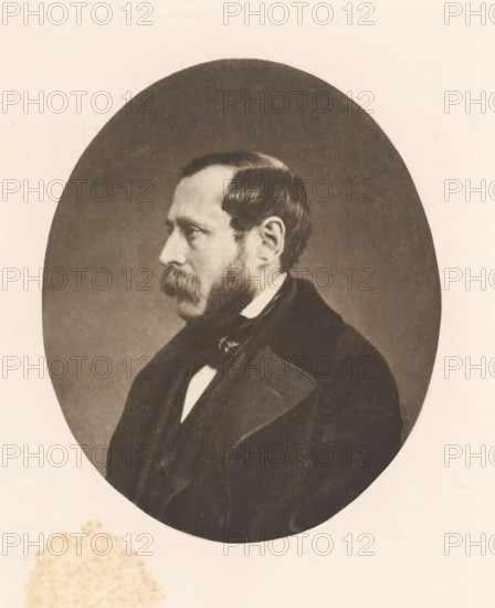 Portrait of Jean Stas, page, photomechanical print, Negative made in 1851., cliché maker: Jean Malvaux (possibly), c. 1889 - in or before 1894, photographer, paper, photoaquatint, height 127 mm x width 105 mm, Print opposite title page., Person, Jean Stas, historical persons, A sepia-toned oval portrait of a man in profile facing left set against a pale background, showing his short dark hair, prominent mustache and sideburns, a formal dark coat with wide lapels, a white shirt collar peeking out, and a dark cravat or bow at his neck, with a faint irregular stain visible on the pale area below the oval.