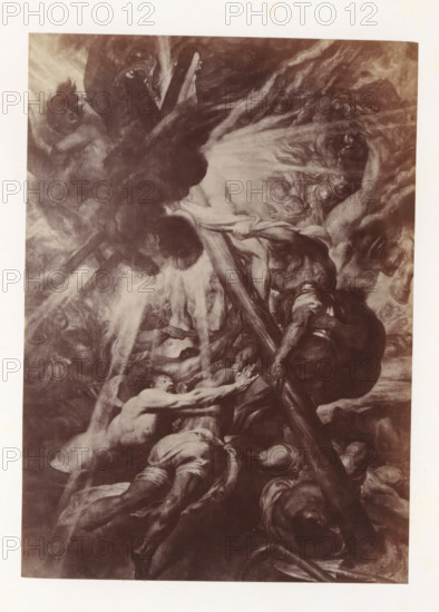 Photo reproduction of The Beacon of Golgotha by Antoine Wiertz, photograph, reproduction, page, check stamp: 'SOCIÉTÉ ROYALE BELGE DE PHOTOGRAPHIE, 69, RUE KEYENVELD, BRUXELLES', photographer: Edmond Fierlants, after painting by Antoine Joseph Wiertz, c. 1863 - in or before 1868, paper, albumen print, albumendruk, height 162 mm x width 116 mm, the crucifixion of Christ: Christ's death on the cross, Golgotha (Matthew 27:45-58, Mark 15:33-45, Luke 23:44-52, John 19:25-38), lighthouse, lightship, A vertical sepia-toned scene shows multiple naked and partially clothed human figures in dramatic, contorted poses amid swirling clouds and beams of light, with some figures reaching upward toward a large wooden cross-like structure and others gripping or pulling at it; muscular limbs, flowing drapery, and strained faces are visible, along with darker shadowed masses and lighter streaks that create a sense of movement across the composition.