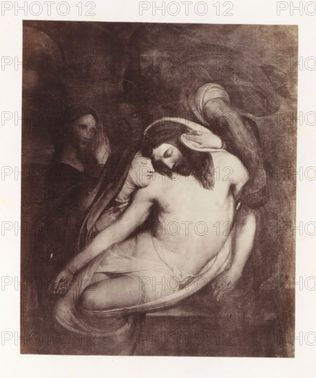Photo reproduction of The Entombment of Christ by Antoine Wiertz, photograph, reproduction, page, check stamp: 'SOCIÉTÉ ROYALE BELGE DE PHOTOGRAPHIE, 69, RUE KEYENVELD, BRUXELLES', photographer: Edmond Fierlants, after painting by Antoine Joseph Wiertz, c. 1863 - in or before 1868, paper, albumen print, height 143 mm x width 116 mm, Christ's body on or in the grave, A monochrome image of a classical painting showing three figures closely grouped: a central male figure with long hair and a beard is depicted partially unclothed and leaning forward with closed eyes, a veiled female figure supports him from behind with her head near his shoulder and a hand touching his head, and a second female figure stands slightly behind them with a downcast face. The scene shows draped cloth around the lower body of the central figure and soft shadowing and textured brushwork across the background and garments.