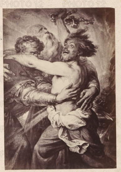 Photo reproduction of The Dispositions According to Christ by Antoine Wiertz, photograph, reproduction, page, check stamp: 'SOCIÉTÉ ROYALE BELGE DE PHOTOGRAPHIE, 69, RUE KEYENVELD, BRUXELLES', photographer: Edmond Fierlants, after painting by Antoine Joseph Wiertz, c. 1863 - in or before 1868, paper, albumen print, albumendruk, height 167 mm x width 116 mm, Christ, A monochrome image of two men embracing, one older with a long beard and flowing hair and the other younger and shirtless with wild hair and an open mouth, their arms wrapped around each other and hands pressing against backs and shoulders, the older man's arm visible with draped fabric and textured sleeves while the younger man's torso and a loosely wrapped cloth around his waist are prominent, a fragment of a chain and broken shackle hovering above them, and soft shaded background with swirling tones.