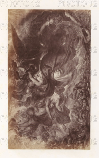 Photo reproduction of The Last Cannon by Antoine Wiertz, photograph, reproduction, page, check stamp: 'SOCIÉTÉ ROYALE BELGE DE PHOTOGRAPHIE, 69, RUE KEYENVELD, BRUXELLES', photographer: Edmond Fierlants, after painting by Antoine Joseph Wiertz, c. 1863 - in or before 1868, paper, albumen print, albumendruk, height 104 mm x width 175 mm, battle, A sepia-toned image of a large, detailed painting depicting a group of figures intertwined in flowing drapery and dynamic poses, with several reclining and ascending bodies, exposed limbs, and expressive faces; swirling clouds and billowing fabric surround the figures, creating a sense of motion; some figures hold branches or staffs while others reach outward or clutch at garments; a cluster of smaller faces and forms appears near one edge, and darker shadowed areas contrast with lighter highlights on skin and fabric; the composition fills a rectangular frame with a plain border around it.