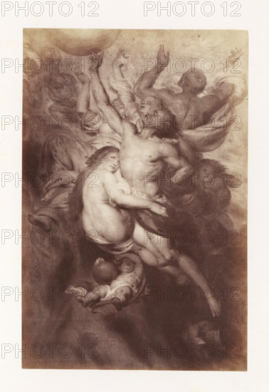 Photo reproduction of Human power knows no bounds by Antoine Wiertz, photograph, reproduction, page, check stamp: 'SOCIÉTÉ ROYALE BELGE DE PHOTOGRAPHIE, 69, RUE KEYENVELD, BRUXELLES', photographer: Edmond Fierlants, after painting by Antoine Joseph Wiertz, c. 1863 - in or before 1868, paper, albumen print, albumendruk, height 169 mm x width 111 mm, human beings with superhuman powers or achievements, A sepia-toned painting reproduction shows multiple partially draped and nude figures arranged in a diagonal, ascending composition against a cloudy background; a central male figure with an upturned face and outstretched arm is surrounded by other reclining and reaching figures, including a prominent female figure with long hair looking outward and embracing the central form, and a reclining child figure near the lower edge; flowing drapery and billowing clouds wrap around the bodies, and several hands and faces emerge from the surrounding shadows and vapory textures.