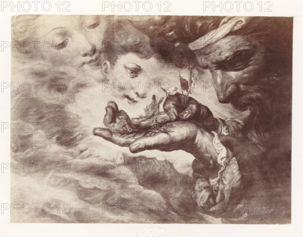 Photo reproduction of The things of the present versus the people of the future by Antoine Wiertz, photograph, reproduction, page, check stamp: 'SOCIÉTÉ ROYALE BELGE DE PHOTOGRAPHIE, 69, RUE KEYENVELD, BRUXELLES', photographer: Edmond Fierlants, after painting by Antoine Joseph Wiertz, c. 1863 - in or before 1868, paper, albumen print, albumendruk, height 115 mm x width 156 mm, future, present, A sepia-toned illustration showing a close-up of two faces emerging from cloud-like textures on the left, both with soft features and closed or partially closed eyes, and a third older face on the right with a long nose and curly hair looking toward a hand in the center; the hand is palm-up, detailed with visible knuckles and fingernails, holding small organic objects and a tiny boat with a flag, while flowing fabric with ruffled edges curls around the wrist and the surrounding area is filled with swirling cloud patterns.