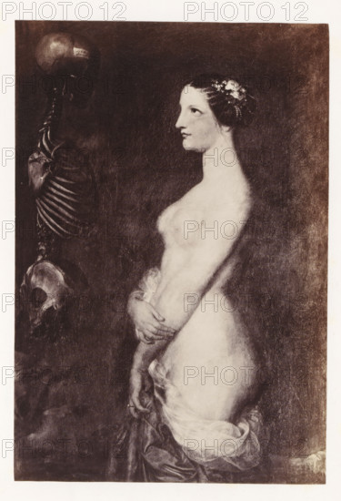 Photo reproduction of The beautiful Rosine by Antoine Wiertz, photograph, reproduction, page, check stamp: 'SOCIÉTÉ ROYALE BELGE DE PHOTOGRAPHIE, 69, RUE KEYENVELD, BRUXELLES', photographer: Edmond Fierlants, after painting by Antoine Joseph Wiertz, c. 1863 - in or before 1868, paper, albumen print, albumendruk, height 167 mm x width 113 mm, woman (showing herself) undressed, quasi-nude, (human) skeleton, A sepia-toned image showing a partially nude woman in profile facing left, with her hair styled and adorned with small flowers, her arms crossed at her waist holding a light fabric that drapes over her lower body, and a faintly rendered skeletal figure to her left with a visible skull and ribcage.