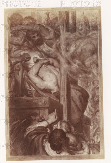 Photo reproduction of Thoughts and visions of a severed head. Left panel: First minute by Antoine Wiertz, photograph, reproduction, page, check stamp: 'SOCIÉTÉ ROYALE BELGE DE PHOTOGRAPHIE, 69, RUE KEYENVELD, BRUXELLES', photographer: Edmond Fierlants, after painting by Antoine Joseph Wiertz, c. 1863 - in or before 1868, paper, albumen print, height 169 mm x width 108 mm, headless body of a beheaded person, A sepia-toned vertical artwork showing a crowded scene with multiple human figures in close proximity, including a central muscular, partially nude figure leaning forward with hands near the face, another figure behind with an arm draped across another shoulder, and a group of people in the foreground with varied hairstyles and garments, some raising hands or pointing; to the right a vertical wooden beam divides the composition and swirling cloudlike forms and faint faces appear in the background, while draped fabrics, a wooden structure, and varied facial expressions are visible th...