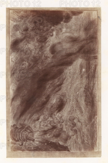 Photo reproduction of Thoughts and visions of a severed head. Right wing: Third minute. In eternity by Antoine Wiertz, photograph, reproduction, page, check stamp: 'SOCIÉTÉ ROYALE BELGE DE PHOTOGRAPHIE, 69, RUE KEYENVELD, BRUXELLES', photographer: Edmond Fierlants, after painting by Antoine Joseph Wiertz, c. 1863 - in or before 1868, paper, albumen print, albumendruk, height 170 mm x width 108 mm, dying, A tall vertical rectangular image with a thin border shows swirling, cloudlike formations in sepia tones, with darker sweeping shapes across the center and lighter, more textured areas toward the right; intricate curls and whorls appear near the top and bottom edges, and a faint starburst-shaped mark is visible on the right side of the composition.