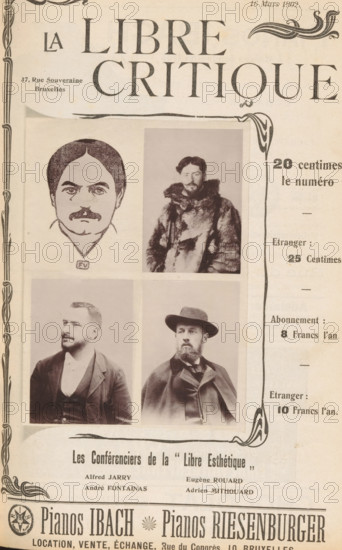 The speakers of 'Libre Esthétique', Photographic reproduction of a drawing and three portraits of speakers of La Libre Esthétique, reproduction, page, photomechanical print, Top left a photographic reproduction of a drawing, depicting a portrait of Alfred Jarry, top right a portrait of Eugène Rouard, bottom left a portrait of André Fontainas, bottom right a portrait of Adrien Mithouard., after drawing by anonymous, c. 1897 - in or before 1902, paper, collotype, photogravure, height 142 mm x width 102 mm, Person, André Fontainas, Adrien Mithouard, Alfred Jarry, Eugène Rouart, historical persons, A yellowed vintage newspaper page with a decorative border contains four portrait images arranged in a grid area: a simple drawn head-and-shoulders sketch of a man with dark hair and a mustache, a photographic portrait of a man wearing a heavy fur coat and a short beard, a photographic portrait of a clean-shaven man in a suit looking to the side, and a photographic portrait of a bearded man wear...