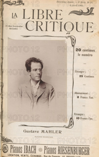 Gustave Mahler, Portrait of Gustav Mahler, page, photomechanical print, inscription: 'Artiste musicien', c. 1897 - in or before 1902, paper, collotype, photoprint, height 134 mm x width 97 mm, Person, Gustav Mahler, portrait of composer, A sepia-toned page showing a framed portrait of a man wearing a suit jacket, waistcoat, collared shirt, and tie, with short wavy hair and round glasses, set against a plain background; decorative border elements and ornamental flourishes surround the portrait area, and columned printed layout and price blocks appear along the right margin.