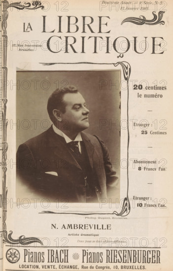 N. Ambreville, Portrait of Nicolas d'Ambreville, page, photomechanical print, photographer: Dupont, Brussels, cliché maker: anonymous, c. 1897 - in or before 1902, Dupont, photographer, cliché maker, paper, collotype, photoprint, height 127 mm x width 99 mm, Person, Nicolas d' Ambreville, portrait of actor, actress, A sepia-toned photograph of a man in a formal dark suit with a white shirt and tie, shown in profile facing right, set within an ornate rectangular frame on a printed page that features decorative borders and flourishes; the man has short dark hair, a rounded face, and a pocket square visible in his jacket, and the surrounding page shows printed layout elements and ornamental corner designs.