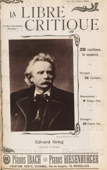 Portrait of Edvard Grieg, Edvard Grieg, page, photomechanical print, inscription: 'compositeur de musique', photographer: Elliott & Fry, London, cliché maker: anonymous, c. 1897 - in or before 1902, paper, collotype, photoprint, height 138 mm x width 97 mm, Person, portrait, self-portrait of painter, The image shows a vintage magazine cover with a large black and white portrait of an older man with light hair and a mustache wearing a dark suit, bow tie, and a chain visible on his vest; ornamental borders and decorative flourishes frame the portrait and the page; a large title is printed at the top in bold serif lettering; there are multiple columns of small printed text and price listings along the right side and an advertisement for pianos across the bottom with bold names and smaller descriptive text beneath.