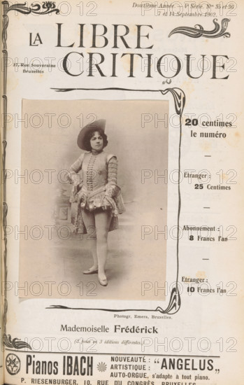Portrait of Mademoiselle Frédérick, Mademoiselle Frédérick, page, photomechanical print, inscription: '(3 poses en 3 éditions différentes.)', photographer: Emèra, Brussels, cliché maker: anonymous, c. 1897 - in or before 1902, paper, collotype, photoprint, height 134 mm x width 97 mm, Person, portrait of actor, actress, A sepia-toned magazine cover with a large decorative title across the top, ornate corner flourishes, and a framed photographic portrait of a woman in theatrical costume occupying the left center; she stands facing slightly to the side wearing a wide-brimmed hat, a fitted jacket with decorative buttons and lace sleeves, a short flounced skirt with layered fabric, tights, and low-heeled shoes, one hand resting on her hip and the other hanging by her side, with a soft studio backdrop behind her; a narrow decorative vertical border runs down the right edge with printed price and subscription information alongside it; decorative border elements appear at the bottom and left ...