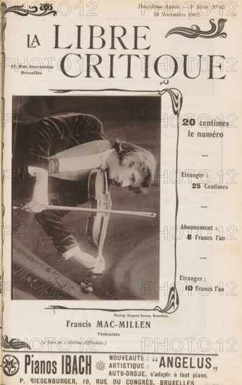 Francis Mac-Millen, Portrait of Francis MacMillen, page, photomechanical print, inscription: 'Violoniste (2 poses en 2 éditions différentes.)', photographer: Dupont-Emera, Brussels, cliché maker: anonymous, c. 1897 - in or before 1902, paper, collotype, photoprint, height 101 mm x width 138 mm, Person, Francis MacMillen, violin, fiddle, portrait of a musician, A sepia-toned page from a printed publication showing a large decorative masthead with ornate flourishes at the top and a prominent title in large serif letters. Below the masthead a rectangular photograph of a person in a dark jacket leaning forward while holding a violin and bow is rotated so the person appears sideways; the person has medium-length hair and a focused expression. A vertical ornamental border runs along the right edge of the photograph, and printed columns of small serif text appear alongside the photo. Decorative corner motifs and a thin horizontal ornamental rule frame the photo. Below the photo a caption in b...