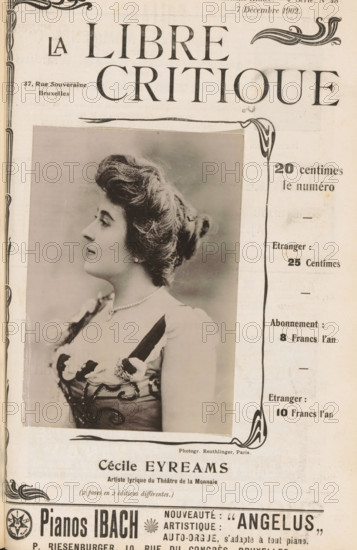 Portrait of Cécile Eyreams, Cécile Eyreams, page, photomechanical print, inscription: 'Artiste lyrique du Théâtre de la Monnaie (2 poses en 2 éditions différentes.)', photographer: Léopold Reutlinger, Paris, cliché maker: anonymous, c. 1897 - in or before 1902, paper, collotype, photoprint, height 138 mm x width 95 mm, Person, portrait of opera-singer, A sepia-toned magazine cover featuring a large portrait of a woman in profile wearing a decorative dress and a pearl necklace, her hair styled up with curls; ornate border elements frame the page and a bold masthead appears at the top in large serif lettering; decorative flourishes and a vertical ornamental rule run along the right side with columned text blocks; the lower portion shows additional printed text and a decorative horizontal rule above an advertisement area with bold type and ornamental motifs.