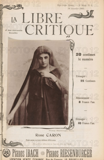 Rose Caron, Portrait of Rose Caron, page, photomechanical print, inscription: 'Trois poses, une en Othello.', photographer: Léopold Reutlinger, Paris, cliché maker: anonymous, c. 1897 - in or before 1902, paper, collotype, photoprint, height 138 mm x width 101 mm, Person, portrait of opera-singer, A sepia-toned magazine page featuring a large portrait of a woman draped in a sheer veil and dark flowing fabric, her gaze directed at the viewer and one hand touching her chest while the other arm extends downward; decorative ornamental borders and flourishes surround the page and frame the portrait, and there are vertical columns of printed information alongside the image.
