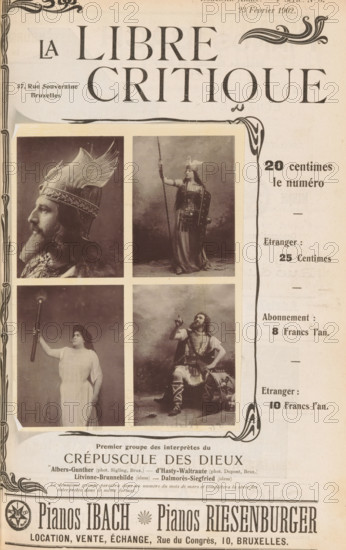 Four portraits of actors from a performance of Götterdämmerung, Premier groupe des interprètes du Crépuscule des dieux, page, photomechanical print, inscription: 'Le deuxième groupe, le même format.', photographer: Sigling, Brussels, photographer: Dupont, cliché maker: anonymous, c. 1897 - in or before 1902, paper, collotype, photoprint, height 145 mm x width 107 mm, Person, Henri Albers, Charles Dalmorès, Félia Litvinne, Jane d' Hasty, opera singer (female), opera singer (male), A vertically oriented vintage magazine cover with ornate border elements and a large decorative title across the top, featuring a rectangular collage of four sepia-toned photographic portraits framed by a pale border in the center left. The top left portrait shows a bearded man in profile wearing an elaborate winged helmet and patterned clothing. The top right portrait depicts a standing woman in a long dress and armor holding a tall spear and a shield, with a small bird perched on her headpiece. The bottom le...
