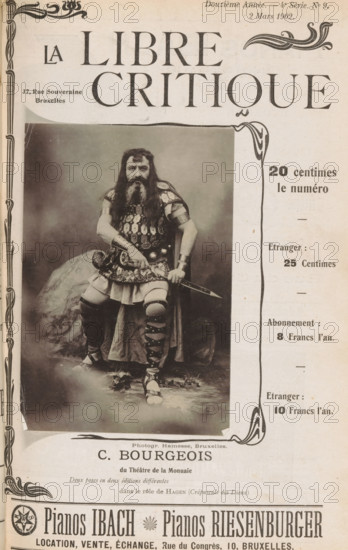 Portrait of Mister Bourgeois as Hagen in Götterdämmerung, C. Bourgeois, page, photomechanical print, inscription: 'du Théâtre, des Dieux)', photographer: Hamesse, Brussels, cliché maker: anonymous, c. 1897 - in or before 1902, paper, collotype, photoprint, height 144 mm x width 97 mm, Person, opera singer (male), A sepia-toned portrait of a bearded man seated on a rock, wearing ornate armor with decorative plates and a skirt-like garment, strapped sandals, and arm guards, holding a sword across his lap with one hand on the hilt; the photograph is framed on a printed page with decorative border elements and large typographic headline areas, ornamental flourishes near the corners, and a narrow column of printed item listings alongside the right edge.