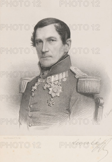 Reproduction of a photograph of a portrait of Léopold I, King of Belgium, print, reproduction, page, signature: 'Leopold', after photo by Louis Ghémar, printer (person): Simonau & Toovey, Brussels, c. 1852 - in or before 1857, Louis Ghémar, printmaker, printer (person), paper, lithography, height 151 mm x width 124 mm, Print opposite title page., Person, Leopold I (King of the Belgians), historical persons, A black and white drawn portrait of a man shown from the chest up wearing a military uniform with high collar and ornate shoulder epaulettes, his hair short and combed with a wavy lock near one temple, a serious facial expression with direct forward gaze, a row of decorative buttons on his coat, multiple medals and a star-shaped decoration displayed on his chest, finely shaded rendering of fabric and skin tones, and a plain light background.