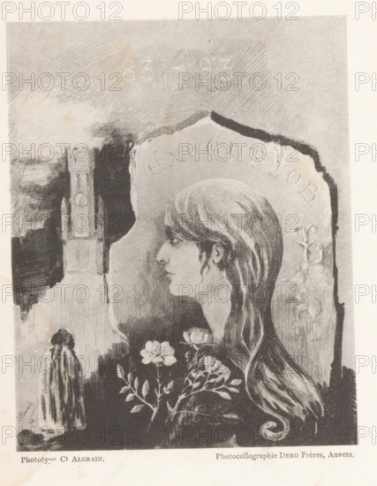 Reproduction of a design for a montage of a person in a cloak, flowers, a tower and a portrait of an unknown woman, reproduction, page, photomechanical print, photographer: Alfred Algrain, cliché maker: Dero, Frères, Antwerp, after design by anonymous, c. 1888 - in or before 1893, paper, collotype, photogravure, height 152 mm x width 121 mm, standing figure, historical persons not known by name - BB - woman, tower, clock tower, monumental adornment, A grayscale illustration showing the profile of a young woman with long hair cascading down her back, her face turned left and framed by a rounded decorative stone slab with an arched top; floral stems with blossoms and leaves appear in front of her and near the bottom edge; to the left a cloaked figure stands facing a distant tower structure that rises against a textured sky; areas of the image show rough, uneven edges and worn, mottled shading throughout.
