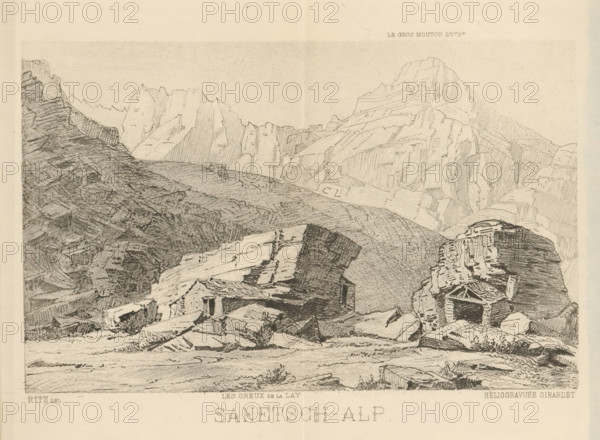 Sanetsch-Alp, Reproduction of a drawing of a view of Col du Sanetsch in the Alps, Switzerland, reproduction, page, photomechanical print, inscription: 'LE GROS MOUTIN 2573m, LES CREUX de la LAY', cliché maker: Girardet, after design by Ritz, c. 1877 - in or before 1882, photographer, paper, photoaquatint, height 116 mm x width 182 mm, mountain-range, snow peaks, Alps, Sanetsch, Col du, A monochrome pencil or ink landscape showing layered rocky mountains and steep cliffs across the scene, with eroded rock faces and jagged ridgelines. In the foreground are large fractured boulders and slabs arranged on a sloping ground, some with visible striations and textured shading. Midground rock formations rise into terraces and ledges, and a rounded rock with a small dark opening or recess is visible on the right. The background features high, sheer peaks with angular faces and fine crosshatching to indicate surface detail, and the sky above is lightly shaded.