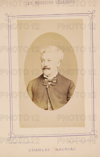 Portrait of Charles Mauriac, Charles Mauriac, photograph, page, inscription: '(Publication de la Revue de literary médicale du, D. Félix. Bremond, 20, Passage Saulnier, Paris. No.', photographer: Pierre Petit, c. 1871 - c. 1879, paper, albumen print, albumendruk, height 89 mm x width 56 mm, Person, historical persons, adult man, An oval sepia portrait of a seated older man with light curly hair and a thick mustache, wearing a dark jacket with a bow tie and a visible chain hanging from his jacket, mounted on a pale rectangular card with decorative purple border lines and ornamental corner flourishes.