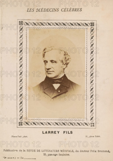 Larrey Fils, Portrait of Félix Hippolyte Larrey, photograph, page, inscription: '(Publication de la Revue de literature médicale, du docteur Félix Bremond, 20, Passage Saulnier, Paris., 3e année - No.', photographer: Pierre Petit, c. 1871 - c. 1879, paper, albumen print, height 81 mm x width 54 mm, Person, Félix Hyppolyte Larrey, historical persons, adult man, A sepia portrait of a middle-aged man with wavy hair and sideburns shown from the chest up, wearing a dark coat with a high collar and a bow tie, centered within an ornate rectangular frame with a repeating leaf-like border and corner floral motifs, all set on an aged, light-colored paper background.