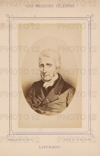 Lisfranc, Photo reproduction of a portrait of Jacques Lisfranc de St. Martin, photograph, reproduction, page, inscription: '(Publication de la Revue de literature médicale, du, D. Félix Bremond, 20, Passage Saulnier, Paris., No.', photographer: Pierre Petit, after design by anonymous, c. 1871 - c. 1879, paper, albumen print, height 89 mm x width 57 mm, Person, Jacques Lisfranc de St. Martin, historical persons, adult man, A faded sepia-toned portrait of an older man with light hair styled back, shown from the chest up inside an oval frame on a rectangular mount, wearing a dark double-breasted coat with a high collar and a light neckcloth, his expression neutral with slightly downturned lips and direct eyes, surrounded by a pale background and a thin decorative purple border on the mount.