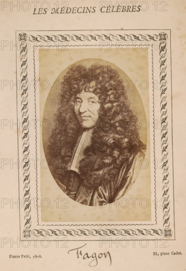 Photo reproduction of a portrait of Guy-Crescent Fagon, photograph, reproduction, page, inscription: '(Publication de la Revue de literary médicale, du, DF Bremond, 20, Passage Saulnier, Paris., No.', number: '66', annotation: 'Fagon', photographer: Pierre Petit, after design by anonymous, c. 1871 - c. 1879, paper, albumen print, height 81 mm x width 51 mm, Person, Guy-Crescent Fagon, historical persons, adult man, A sepia-toned portrait of a person with long, voluminous curly hair filling much of an oval frame, wearing a draped garment and a visible collar, set against a textured background and surrounded by a decorative border with twisted ribbon-like motifs and corner flourishes on aged paper.