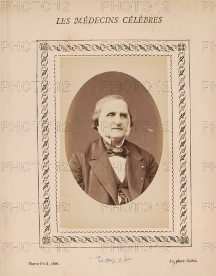 Portrait of an unknown man, photograph, page, inscription: '(Publication de la Revue de literature médicale, du docteur Félix Bremond, 20, Passage Saulnier, Paris., e année - No.', number: '71', annotation: '...', photographer: Pierre Petit, c. 1871 - c. 1879, paper, albumen print, height 81 mm x width 52 mm, historical persons, adult man, A sepia-toned portrait of an older man shown from the chest up inside an oval frame, wearing a dark suit with a bow tie and a vest, with sideburns and short hair, set against a plain background and surrounded by a decorative rectangular border with a repeating leaf and ribbon motif on a light paper page.