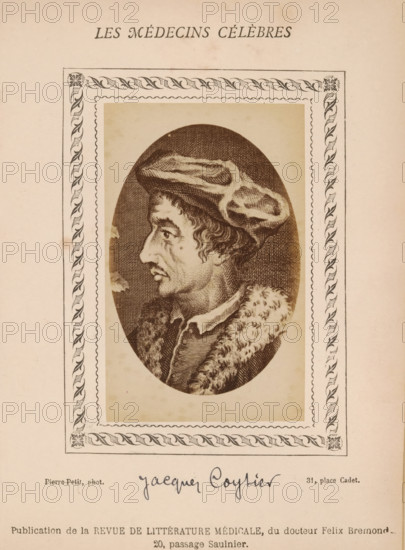 Photo reproduction of a portrait of Jacques Coitier, photograph, reproduction, page, annotation: 'Jacques Coytier', number: '66', inscription: 'Publication de la Revue de literary médicale, du docteur Felix Bremond, 20, Passage Saulnier, e année.) - No.', photographer: Pierre Petit, after design by anonymous, c. 1871 - c. 1879, paper, albumen print, height 82 mm x width 51 mm, Person, Jacques Coitier, historical persons, adult man, A sepia-toned printed portrait of a man in profile facing left, shown inside an oval frame with a decorative rectangular border surrounding it, the man wearing a soft cap with folds and a fur-trimmed coat, his hair curly at the nape and a pronounced nose and chin, the portrait rendered with fine crosshatch shading on aged paper.